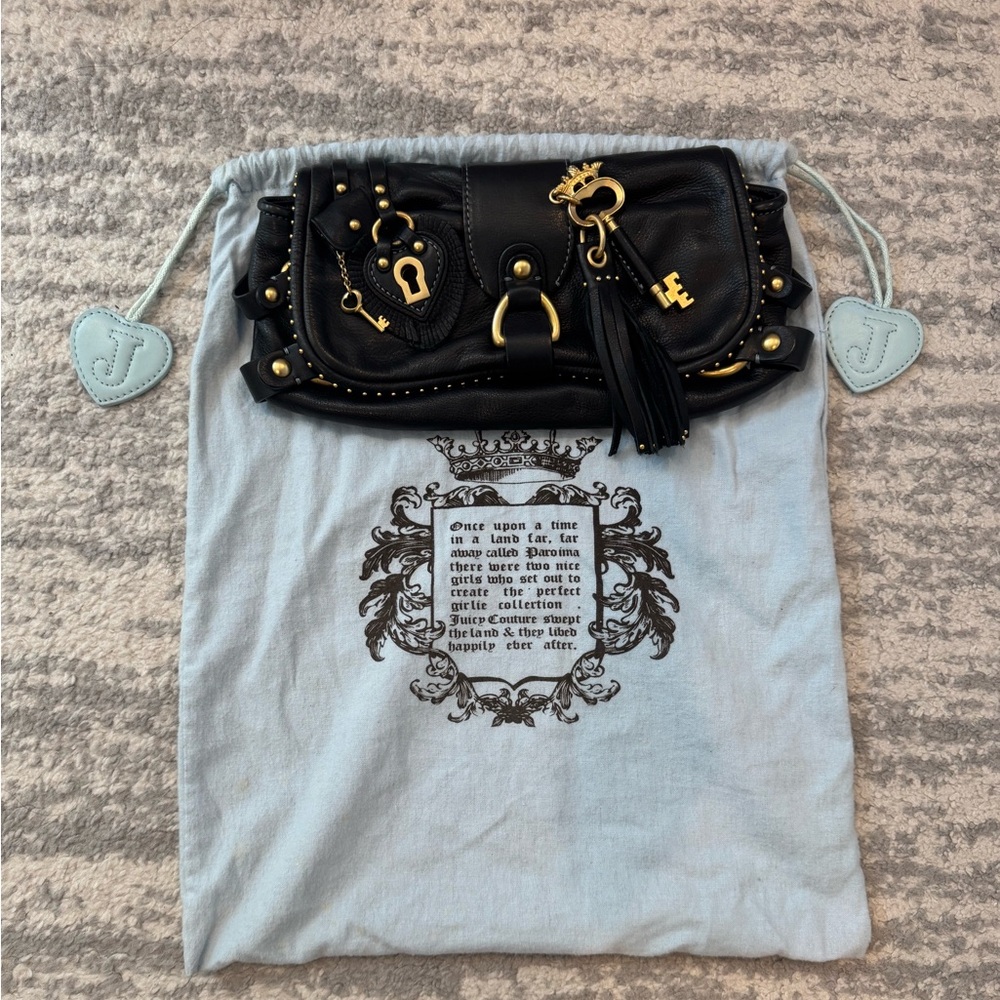 Juicy Couture Black Leather Studded Clutch with Gold Hardware and Tassel